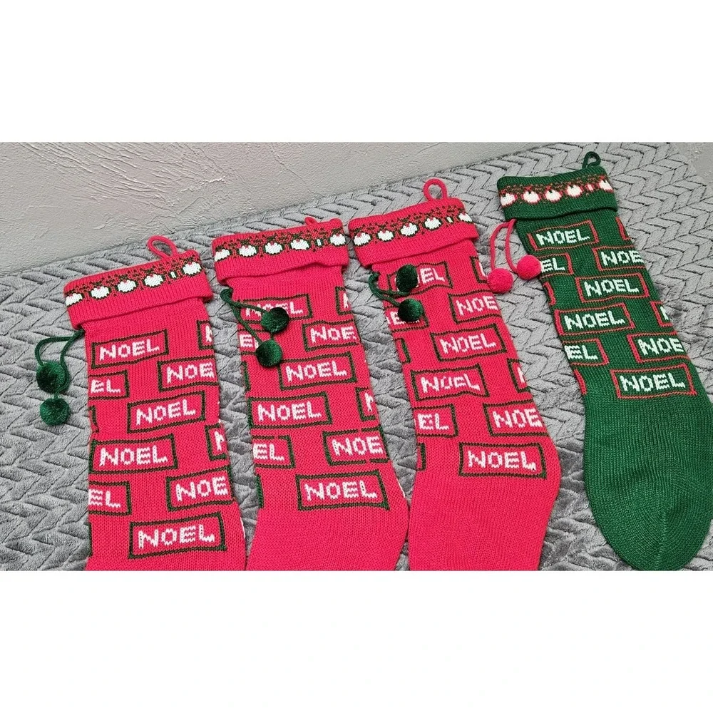 Vintage‎ 4 Knit Pom Pom Christmas Stockings Lot NOEL 3 Red 1 Green Bundle